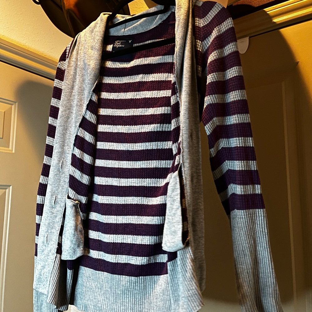 Striped button up cardigan with pockets, thermal type knit